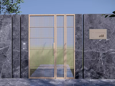Modern Entrance Gate With Metal Grid Design Beige Frame Marble Wall Greenery And House Number Plate 3d model