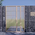 Modern Entrance Gate With Metal Grid Design Beige Frame Marble Wall Greenery And House Number Plate