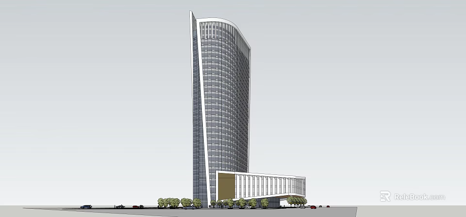 Modern High Rise Hotel Building With Glass Curtain Wall And Unique Tower Design 3d model 