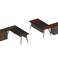 Two Modern Office Desks With Brown Black Tabletop And Metal Legs Drawer Storage