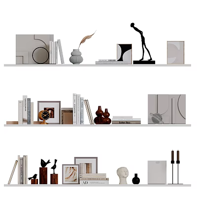 Modern Minimalist Decorative Ornament Set With Books Photo Frames And Sculptures On Shelves 3d model