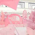 Pink The North Face Themed Floral Installation With Cactus Sculptures And Helmets On Shelves