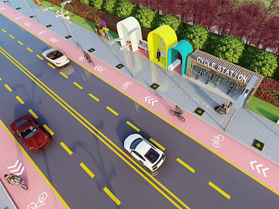 Municipal Road Featuring Pink Bike Path Bike Station Greenery Street Lights And Vehicles 3d model