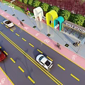 Municipal Road Featuring Pink Bike Path Bike Station Greenery Street Lights And Vehicles