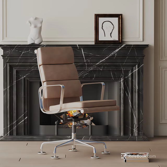 Brown Leather Office Chair With Metal Frame Near Black Marble Fireplace And Mantel Decorations 3d model 