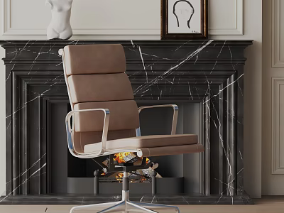 Brown Leather Office Chair With Metal Frame Near Black Marble Fireplace And Mantel Decorations 3d model