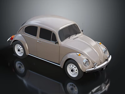 Light Brown Classic Volkswagen Beetle With Rounded Body White Wheels And Black Background Reflection 3d model