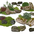Natural Stone And Wooden Decor With Lush Green Plants And Mossy Rocks