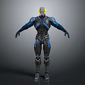 Futuristic Mechanical Warrior With Detailed High Tech Armor Yellow Head Black Blue Standing Pose