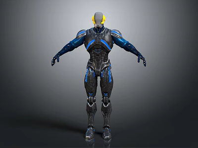 Futuristic Mechanical Warrior With Detailed High Tech Armor Yellow Head Black Blue Standing Pose 3d model
