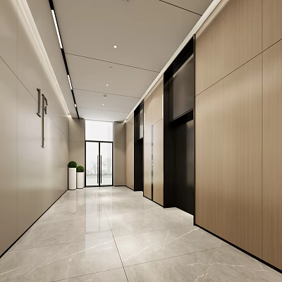 Modern Elevator Hallway Interior With Wooden Panel Walls And Marble Flooring 3d model