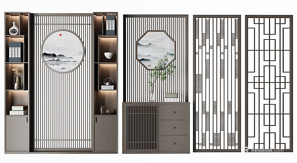 Chinese Style Hollowed Room Dividers With Circular Patterns Green Plants And Wooden Cabinets 3d model 