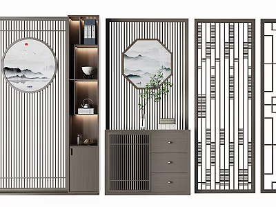 Chinese Style Hollowed Room Dividers With Circular Patterns Green Plants And Wooden Cabinets 3d model