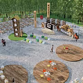 Outdoor Square With Tables Chairs Green Trees Wooden Signage And People