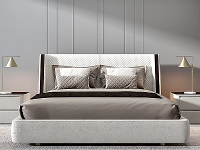 Modern Minimalist Double Bed With Upholstered Headboard Table Lamps And Nightstands 3d model