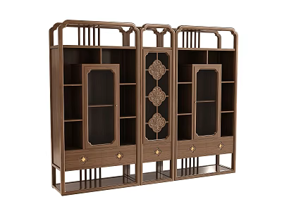 Traditional Dark Brown Bookcase Design With Multiple Compartments Drawers Decorative Patterns And Metal Handles 3d model