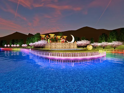 Beautiful Outdoor Stage With Pool Blue Lighting Sunset Sky Mountains And Cherry Blossom Trees 3d model