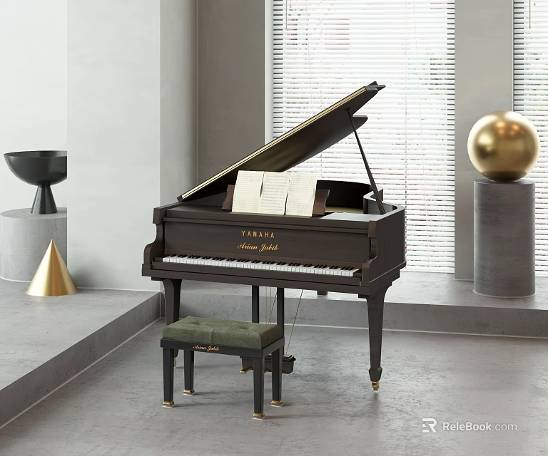 Elegant Black YAMAHA Grand Piano with Sheet Music and Green Bench in Modern Room 3d model 