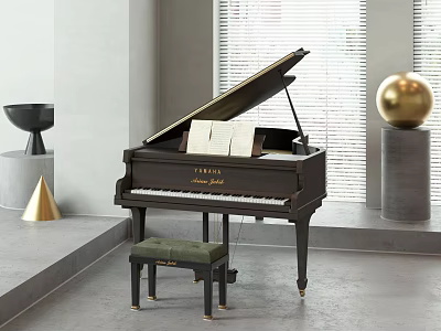 Elegant Black YAMAHA Grand Piano with Sheet Music and Green Bench in Modern Room 3d model