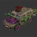 Camouflage Military Vehicle With Open Hood Exposed Engine And Roof Mounted Weapon