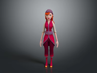 3D Female Character With Red Hair Purple Outfit Headscarf And Stylized Design 3d model