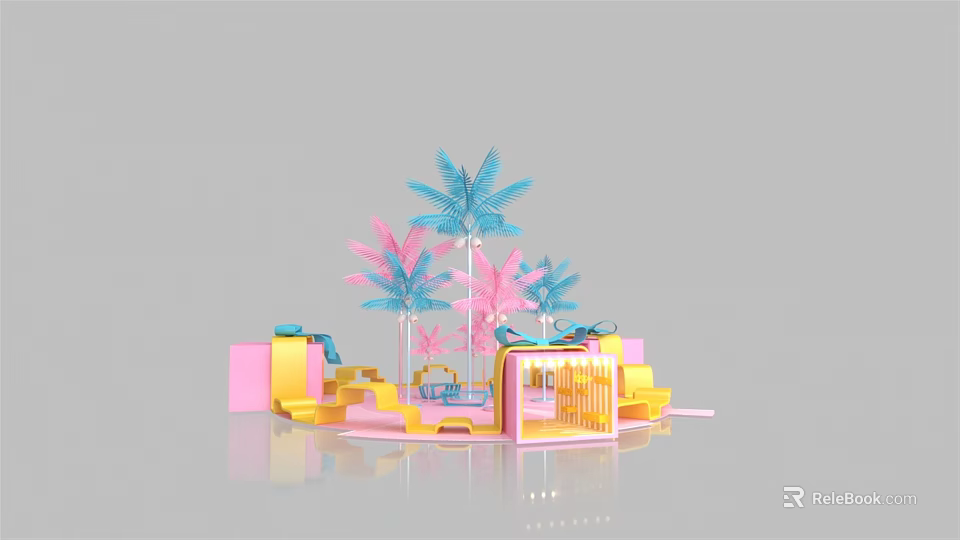 Colorful Decorative Display With Pink Blue Palm Trees Gift Boxes And Structures 3d model