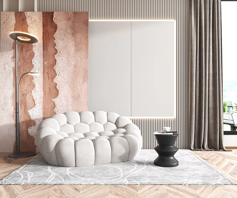 Modern Beige Tufted Single Seater Sofa With Black Side Table Floor Lamp And Textured Wall 3d model 