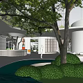 Modern High Rise Building Garden Landscape With Trees Lawn Water Feature And Entrance