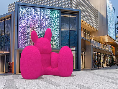 Large Pink Rabbit Sculpture In Front Of Modern Commercial Building With Alphabet Art 3d model