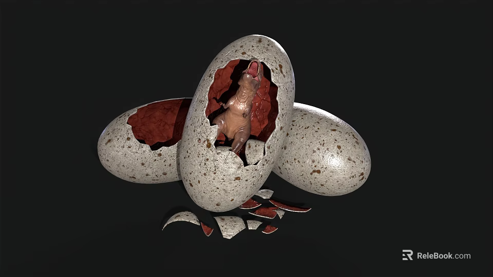 Realistic Cracked Egg With Baby Dinosaur And Surrounding Eggs On Black Background 3d model 