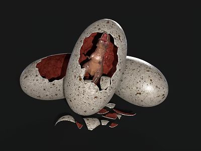 Realistic Cracked Egg With Baby Dinosaur And Surrounding Eggs On Black Background 3d model
