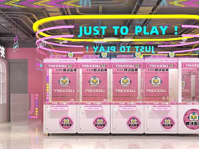 Public Office Area Entertainment Corner With Pink Claw Machines And Neon Lights 3d model