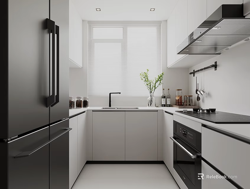 Modern Kitchen Interior With White Cabinets Black Refrigerator Sink Stove Blinds And Green Plant 3d model 