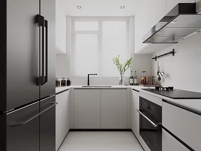 Modern Kitchen Interior With White Cabinets Black Refrigerator Sink Stove Blinds And Green Plant 3d model