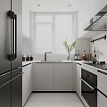 Modern Kitchen Interior With White Cabinets Black Refrigerator Sink Stove Blinds And Green Plant