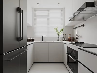 Modern Kitchen Interior With White Cabinets Black Refrigerator Sink Stove Blinds And Green Plant 3d model