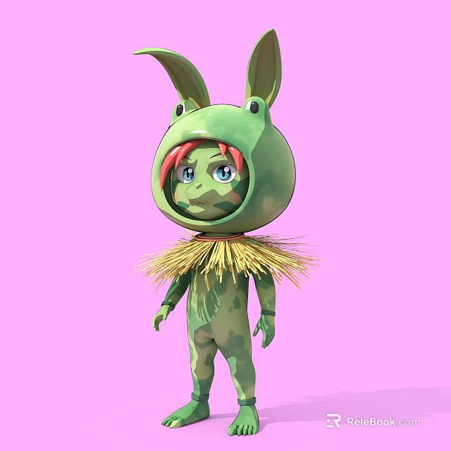 Game Movie Character In Green Frog Costume With Rabbit Ears Pink Hair And Blue Eyes 3d model 