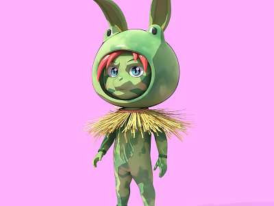 Game Movie Character In Green Frog Costume With Rabbit Ears Pink Hair And Blue Eyes 3d model