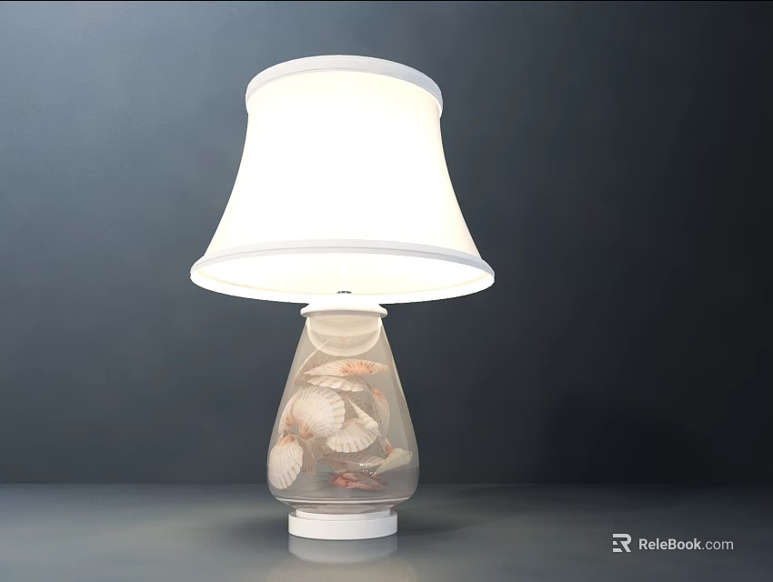 Elegant Table Lamp With White Lampshade And Transparent Base Featuring Seashells 3d model 