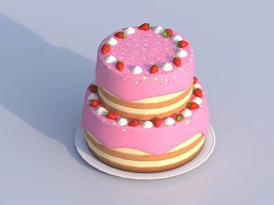 Two Layer Cake With Pink Frosting Strawberry Decorations And White Cream On White Plate 3d model