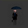 Man Standing in Rain Holding Blue Umbrella Wearing Suit and Tie with Briefcase Near Puddles