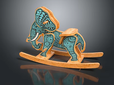 Wooden Elephant Shaped Rocking Chair with Blue Decorative Patterns and Classic Design 3d model