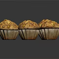 Six Golden Freshly Baked Muffins With Crunchy Topping On Dark Surface