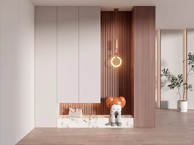Modern Minimalist Foyer Hallway With Wardrobe Wooden Slats And Decorations 3d model