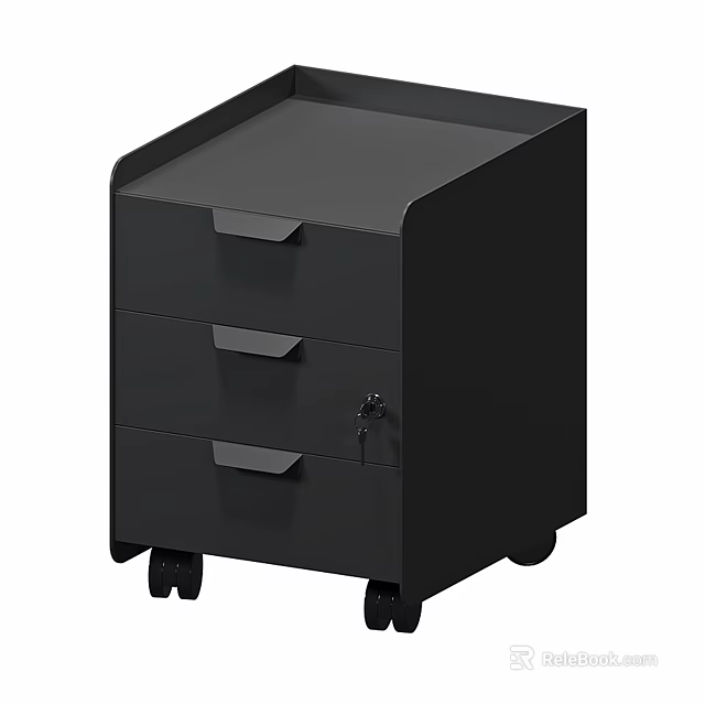 Black Nightstand with Three Drawers Including Locking Bottom Drawer and Wheels 3d model