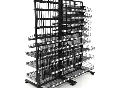 Multi Tier Metal Display Shelf With Grid Design For Retail Merchandise Storage 3d model