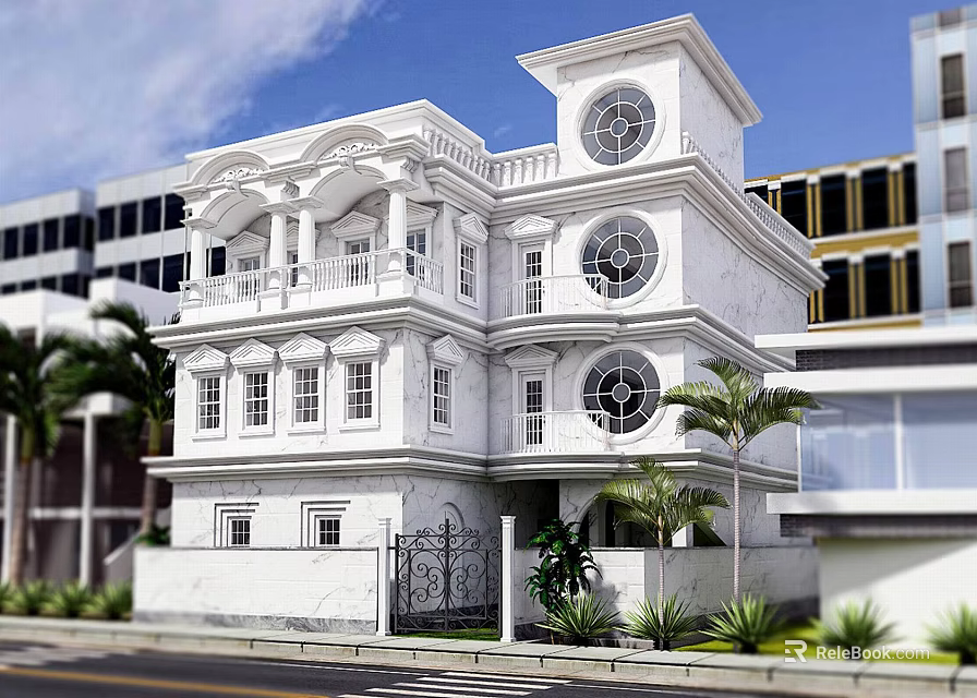 Elegant Classical Detached Villa With White Exterior Arched Circular Windows Balconies And Palm Trees 3d model 