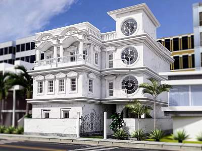 Elegant Classical Detached Villa With White Exterior Arched Circular Windows Balconies And Palm Trees 3d model