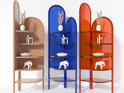 Multi Colored Modern Display Shelving Units With Decorative Vases Animal Figurines And Plates 3d model