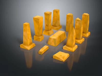 Scenic Landscape of Yellow Stone Pillars and Blocks Arranged on Black Background with Reflections 3d model